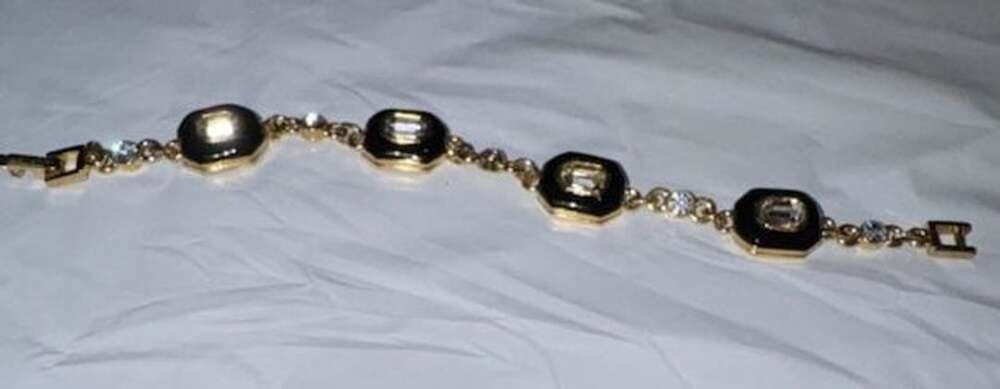 Monet Gold Tone Black Enamel And Rhinestone Link Bracelet and Earring Set